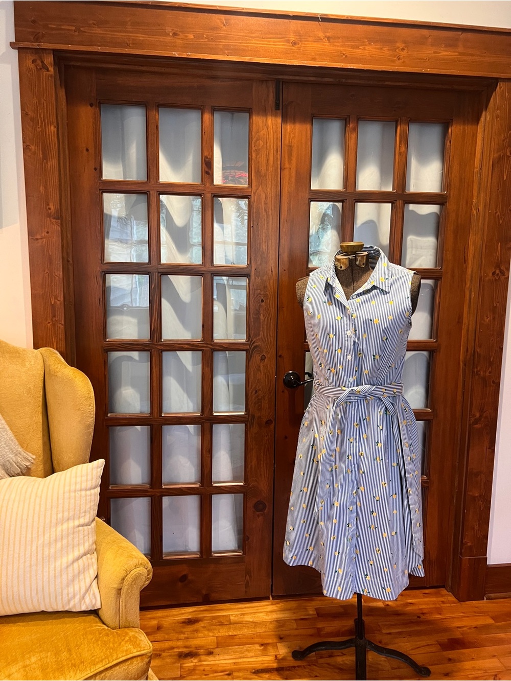J. Crew Factory Blue and White Striped Sleeveless Dress with Yellow Lemon Print